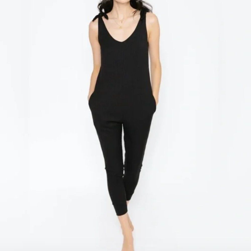 SMASH + TESS Knot Your Average Romper w Tie Up Straps, Black Ribbed, Size L